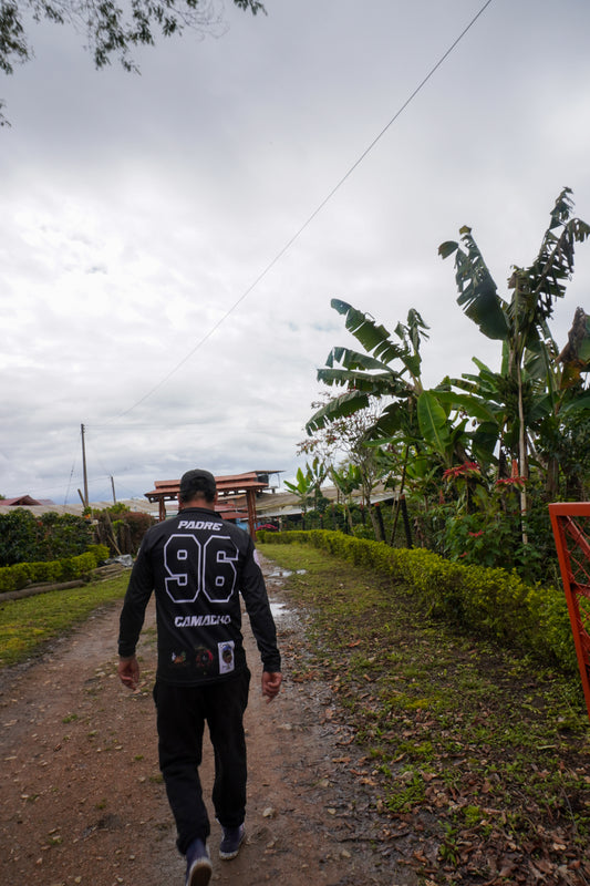 Person walking on a dirt path with greenery and a cloudy sky in the background