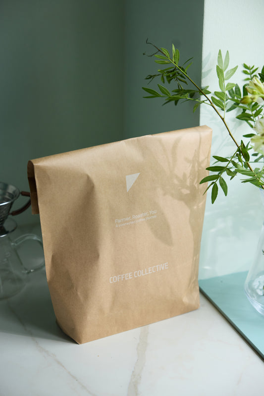 Kraft paper bag with 'Coffee Collective' branding on a light surface with a plant in the background