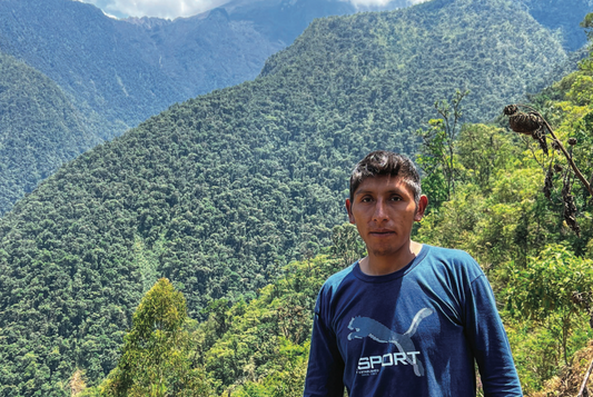 Person standing in front of a mountainous landscape with greenery
