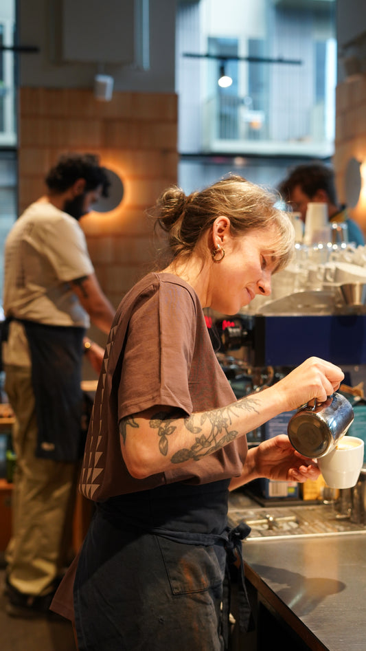 Barista working in a coffee shop, preparing a cappuccino. 